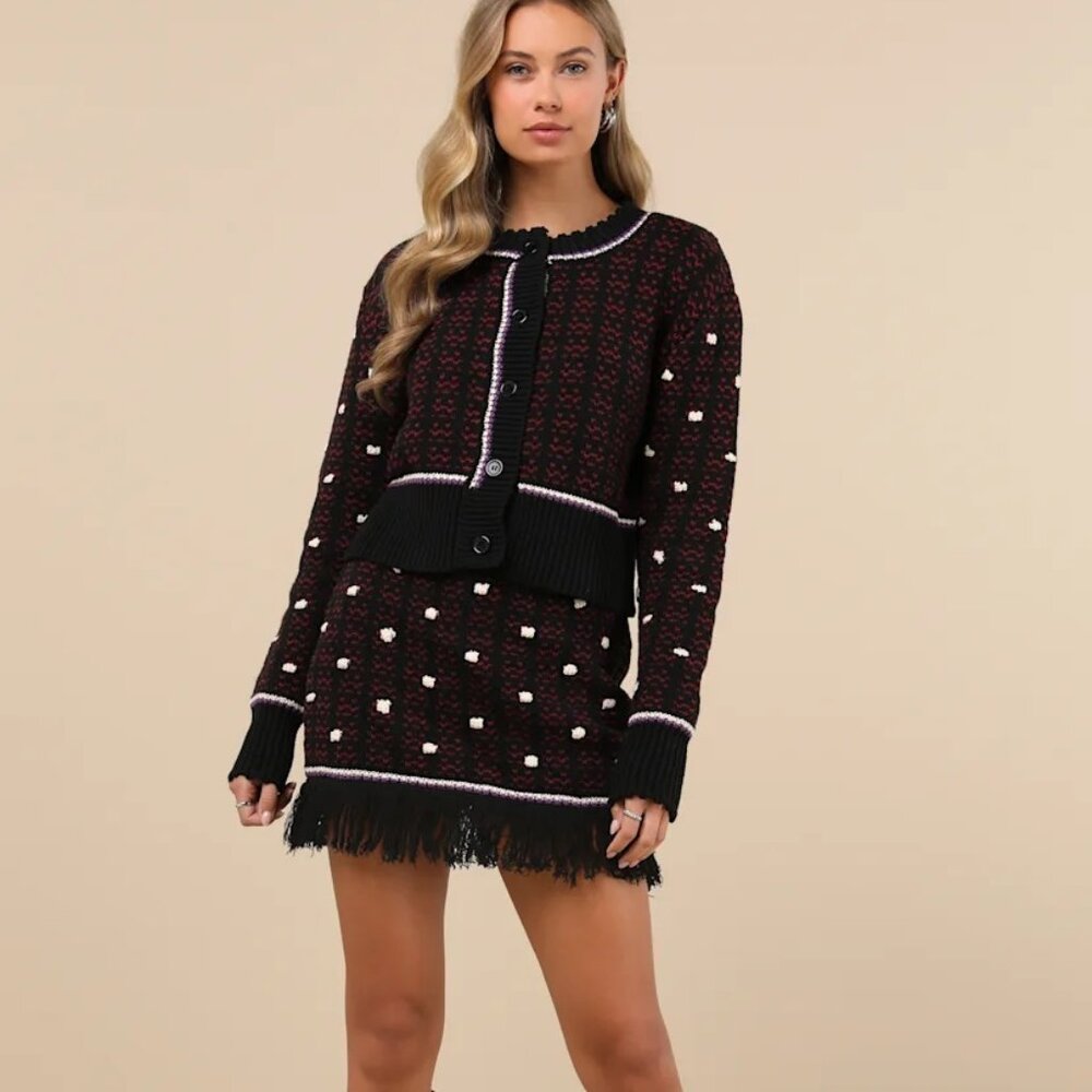 Mutma Cheli Black Multi Cotton Crew Neck Cardigan Sweater